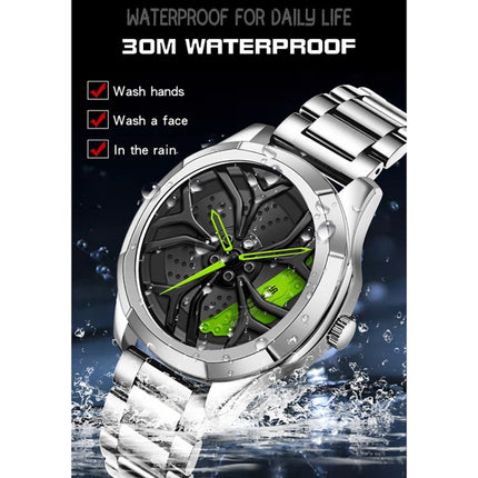 SANDA 1065 3D Hollow Out Wheel Non-rotatable Dial Quartz Watch for Men, Style:Steel Belt(Silver Green)-garmade.com