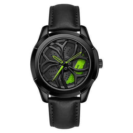 SANDA 1065 3D Hollow Out Wheel Non-rotatable Dial Quartz Watch for Men, Style:Leather Belt(Black Green)-garmade.com