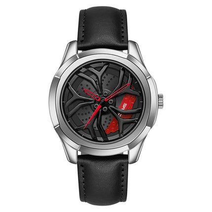 SANDA 1065 3D Hollow Out Wheel Non-rotatable Dial Quartz Watch for Men, Style:Leather Belt(Silver Red)-garmade.com