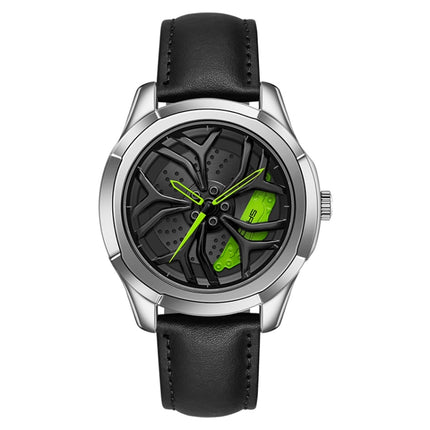 SANDA 1065 3D Hollow Out Wheel Non-rotatable Dial Quartz Watch for Men, Style:Leather Belt(Silver Green)-garmade.com