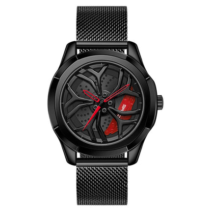 SANDA 1065 3D Hollow Out Wheel Non-rotatable Dial Quartz Watch for Men, Style:Mesh Belt(Black Red)-garmade.com