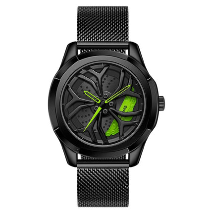 SANDA 1065 3D Hollow Out Wheel Non-rotatable Dial Quartz Watch for Men, Style:Mesh Belt(Black Green)-garmade.com