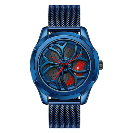 SANDA 1065 3D Hollow Out Wheel Non-rotatable Dial Quartz Watch for Men, Style:Mesh Belt(Blue Red)-garmade.com