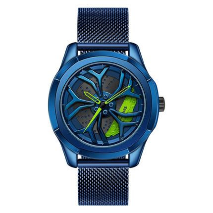 SANDA 1065 3D Hollow Out Wheel Non-rotatable Dial Quartz Watch for Men, Style:Mesh Belt(Blue Green)-garmade.com