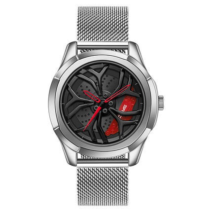 SANDA 1065 3D Hollow Out Wheel Non-rotatable Dial Quartz Watch for Men, Style:Mesh Belt(Silver Red)-garmade.com