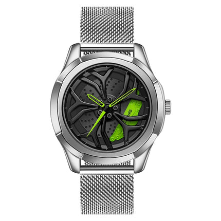 SANDA 1065 3D Hollow Out Wheel Non-rotatable Dial Quartz Watch for Men, Style:Mesh Belt(Silver Green)-garmade.com