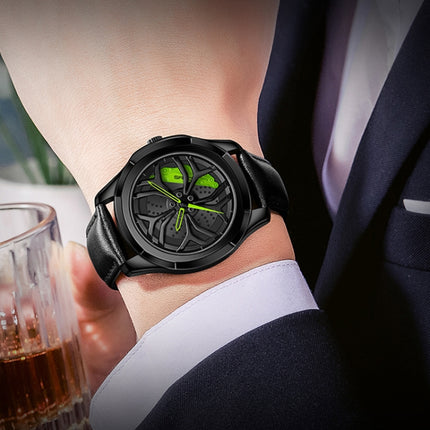 SANDA 1065 3D Hollow Out Wheel Non-rotatable Dial Quartz Watch for Men, Style:Mesh Belt(Black Green)-garmade.com