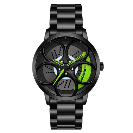 SANDA 1070 3D Oval Hollow Out Wheel Non-rotatable Dial Quartz Watch for Men, Style:Steel Belt(Black Green)-garmade.com