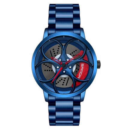 SANDA 1070 3D Oval Hollow Out Wheel Non-rotatable Dial Quartz Watch for Men, Style:Steel Belt(Blue Red)-garmade.com