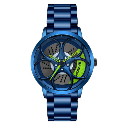 SANDA 1070 3D Oval Hollow Out Wheel Non-rotatable Dial Quartz Watch for Men, Style:Steel Belt(Blue Green)-garmade.com