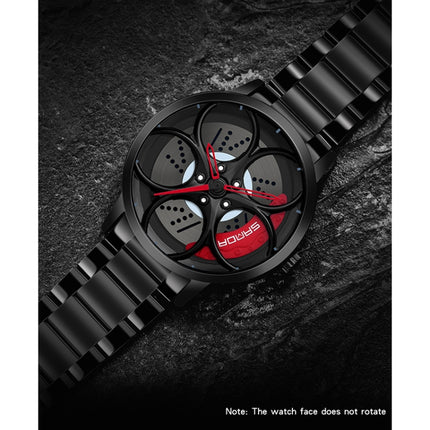 SANDA 1070 3D Oval Hollow Out Wheel Non-rotatable Dial Quartz Watch for Men, Style:Steel Belt(Black Green)-garmade.com