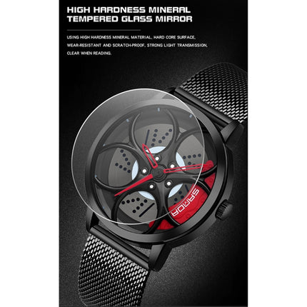 SANDA 1070 3D Oval Hollow Out Wheel Non-rotatable Dial Quartz Watch for Men, Style:Steel Belt(Black Green)-garmade.com