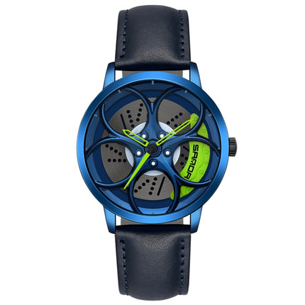 SANDA 1070 3D Oval Hollow Out Wheel Non-rotatable Dial Quartz Watch for Men, Style:Leather Belt(Blue Green)-garmade.com