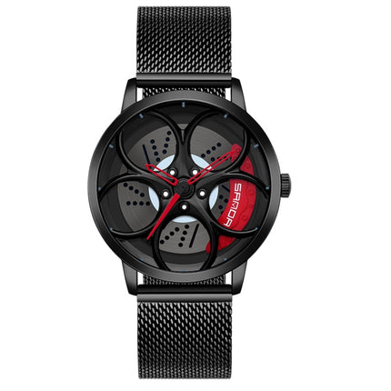 SANDA 1070 3D Oval Hollow Out Wheel Non-rotatable Dial Quartz Watch for Men, Style:Mesh Belt(Black Red)-garmade.com