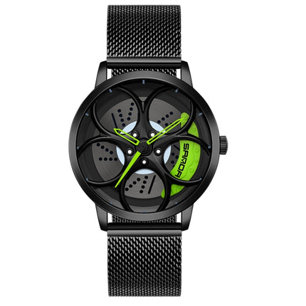 SANDA 1070 3D Oval Hollow Out Wheel Non-rotatable Dial Quartz Watch for Men, Style:Mesh Belt(Black Green)-garmade.com