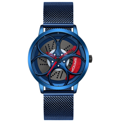 SANDA 1070 3D Oval Hollow Out Wheel Non-rotatable Dial Quartz Watch for Men, Style:Mesh Belt(Blue Red)-garmade.com