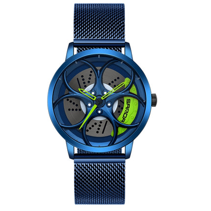 SANDA 1070 3D Oval Hollow Out Wheel Non-rotatable Dial Quartz Watch for Men, Style:Mesh Belt(Blue Green)-garmade.com