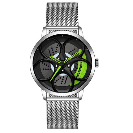 SANDA 1070 3D Oval Hollow Out Wheel Non-rotatable Dial Quartz Watch for Men, Style:Mesh Belt(Silver Green)-garmade.com