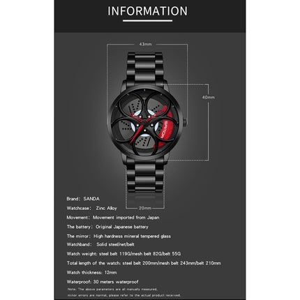 SANDA 1070 3D Oval Hollow Out Wheel Non-rotatable Dial Quartz Watch for Men, Style:Mesh Belt(Black Red)-garmade.com