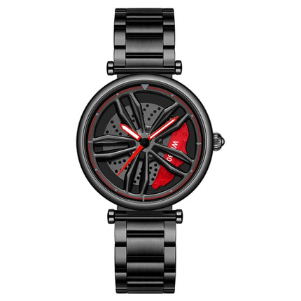 SANDA 1074 3D Hollow Out Wheel Non-rotatable Dial Quartz Watch for Women, Style:Steel Belt(Black Red)-garmade.com
