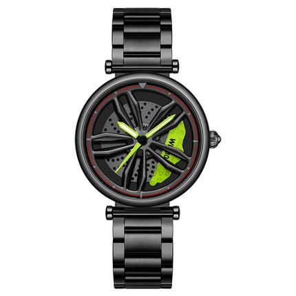 SANDA 1074 3D Hollow Out Wheel Non-rotatable Dial Quartz Watch for Women, Style:Steel Belt(Black Green)-garmade.com