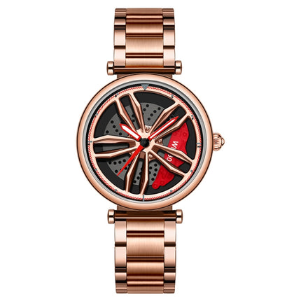 SANDA 1074 3D Hollow Out Wheel Non-rotatable Dial Quartz Watch for Women, Style:Steel Belt(Rose Gold)-garmade.com