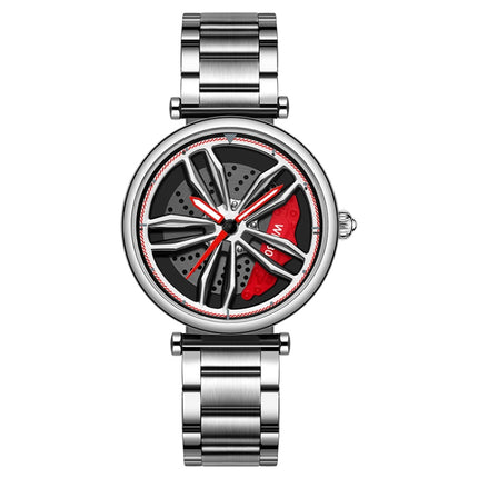 SANDA 1074 3D Hollow Out Wheel Non-rotatable Dial Quartz Watch for Women, Style:Steel Belt(Silver Red)-garmade.com