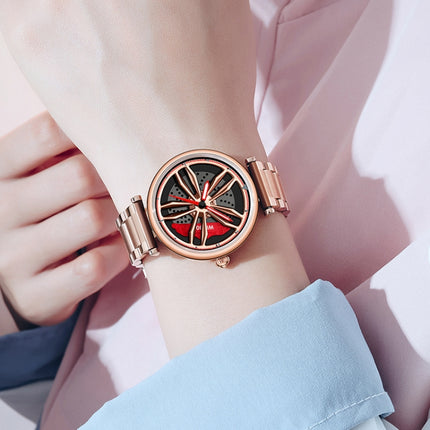 SANDA 1074 3D Hollow Out Wheel Non-rotatable Dial Quartz Watch for Women, Style:Steel Belt(Silver Red)-garmade.com