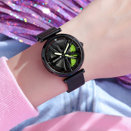 SANDA 1074 3D Hollow Out Wheel Non-rotatable Dial Quartz Watch for Women, Style:Steel Belt(Black Green)-garmade.com