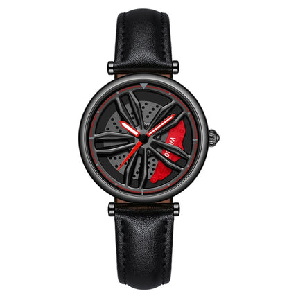 SANDA 1074 3D Hollow Out Wheel Non-rotatable Dial Quartz Watch for Women, Style:Leather Belt(Black Red)-garmade.com