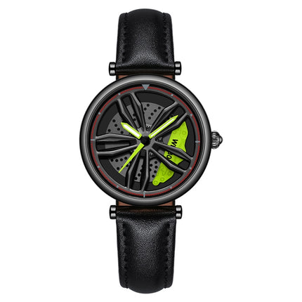 SANDA 1074 3D Hollow Out Wheel Non-rotatable Dial Quartz Watch for Women, Style:Leather Belt(Black Green)-garmade.com