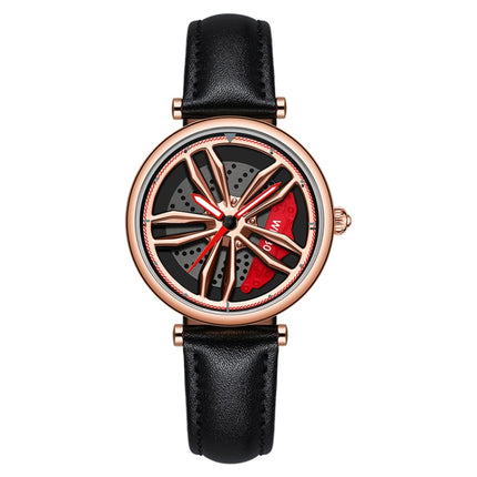 SANDA 1074 3D Hollow Out Wheel Non-rotatable Dial Quartz Watch for Women, Style:Leather Belt(Rose Gold)-garmade.com