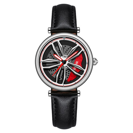 SANDA 1074 3D Hollow Out Wheel Non-rotatable Dial Quartz Watch for Women, Style:Leather Belt(Silver Red)-garmade.com