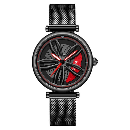 SANDA 1074 3D Hollow Out Wheel Non-rotatable Dial Quartz Watch for Women, Style:Mesh Belt(Black Red)-garmade.com