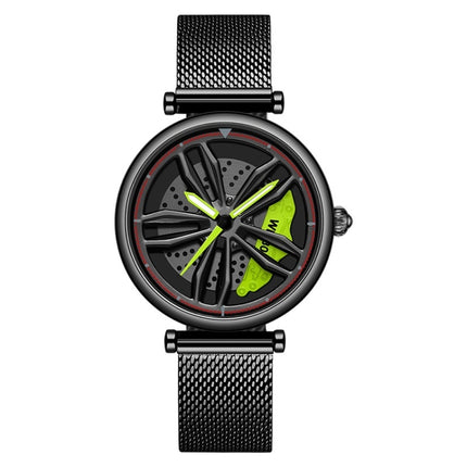 SANDA 1074 3D Hollow Out Wheel Non-rotatable Dial Quartz Watch for Women, Style:Mesh Belt(Black Green)-garmade.com