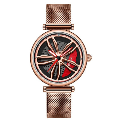 SANDA 1074 3D Hollow Out Wheel Non-rotatable Dial Quartz Watch for Women, Style:Mesh Belt(Rose Gold)-garmade.com