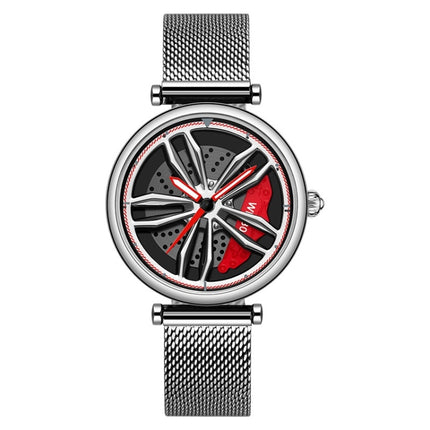 SANDA 1074 3D Hollow Out Wheel Non-rotatable Dial Quartz Watch for Women, Style:Mesh Belt(Silver Red)-garmade.com