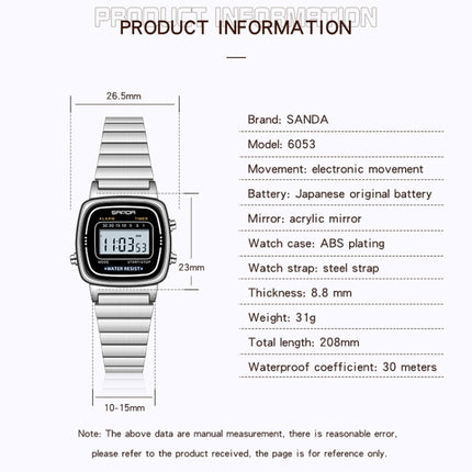 SANDA 6053 Square LED Digital Display Dial Running Seconds Alarm Clock Electronic Watch for Women(Silver)-garmade.com