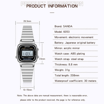 SANDA 6053 Square LED Digital Display Dial Running Seconds Alarm Clock Electronic Watch for Women(Black)-garmade.com