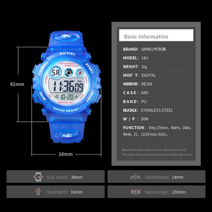 SKMEI 1451 LED Digital Stopwatch Chronograph Luminous Children Sports Electronic Watch(Transparent Sky Blue)-garmade.com