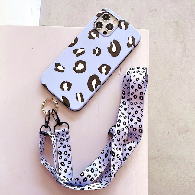 Leopard Print TPU Straight Edge Phone Case with Lanyard For iPhone 13 Pro(Blue Purple)-garmade.com