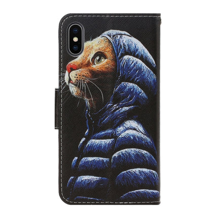 For iPhone X / XS 3D Colored Drawing Horizontal Flip PU Leather Case with Holder & Card Slots & Wallet(Down Jacket Cat)-garmade.com