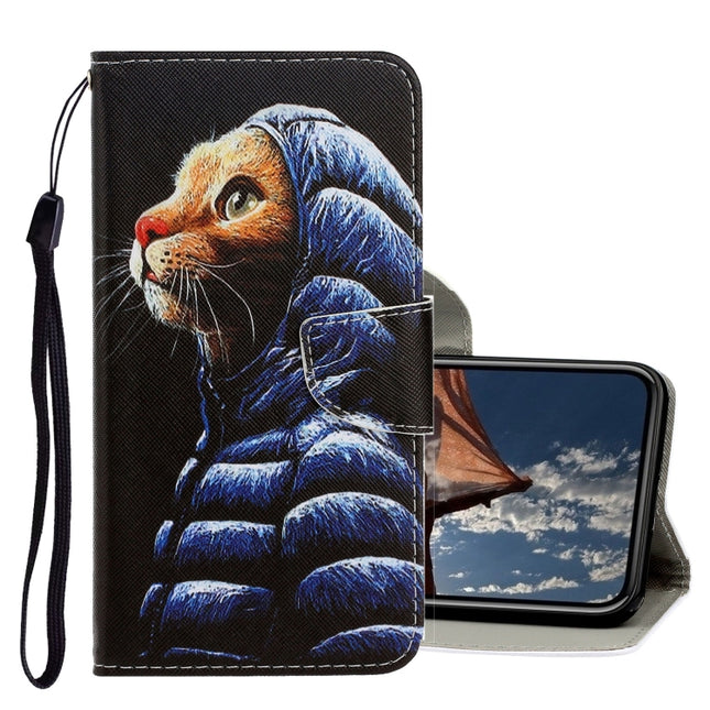 For iPhone XR 3D Colored Drawing Horizontal Flip PU Leather Case with Holder & Card Slots & Wallet(Down Jacket Cat)-garmade.com
