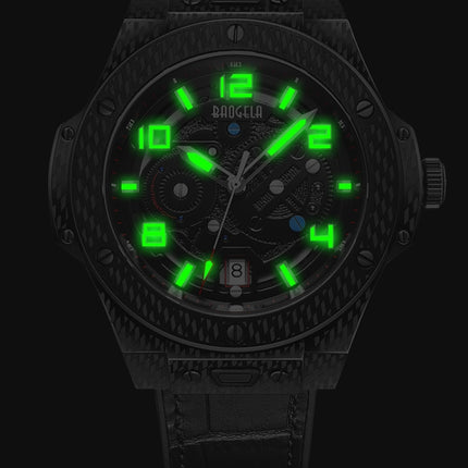 BAOGELA 2001 Luminous Calendar Leather Strap Mechanical Watch For Men(Black Silver)-garmade.com