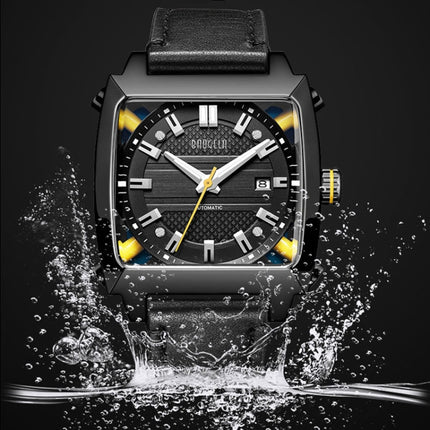 BAOGELA 6763G Square Dial Leather Strap Clock Calendar Mechanical Watch For Men(Silver Black)-garmade.com