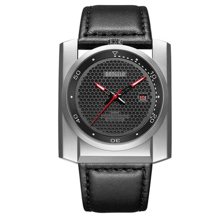 BAOGELA 6775G Honeycomb Hollow Round Dial Leather Strap Clock Calendar Mechanical Watch For Men(Black Silver)-garmade.com