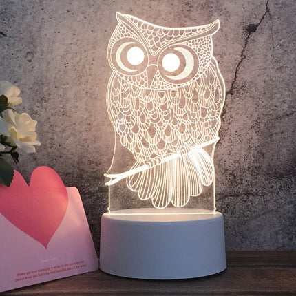 White Base Creative 3D Tricolor LED Decorative Night Light, Button USB Version, Shape:Owl(White-Warm-Warm White)-garmade.com