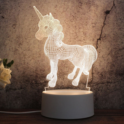 White Base Creative 3D Tricolor LED Decorative Night Light, Button USB Version, Shape:Unicorn(White-Warm-Warm White)-garmade.com