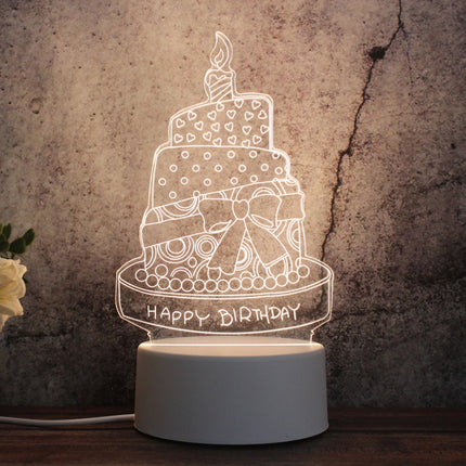 White Base Creative 3D Tricolor LED Decorative Night Light, Button USB Version, Shape:Birthday Cake(White-Warm-Warm White)-garmade.com