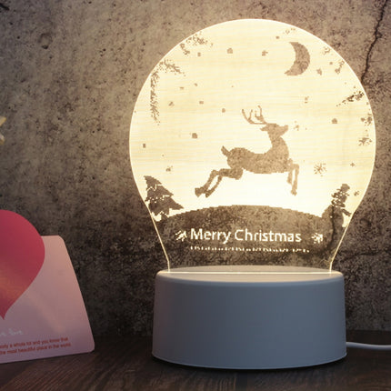 White Base Creative 3D Tricolor LED Decorative Night Light, Button USB Version, Shape:Christmas Deer 01(White-Warm-Warm White)-garmade.com